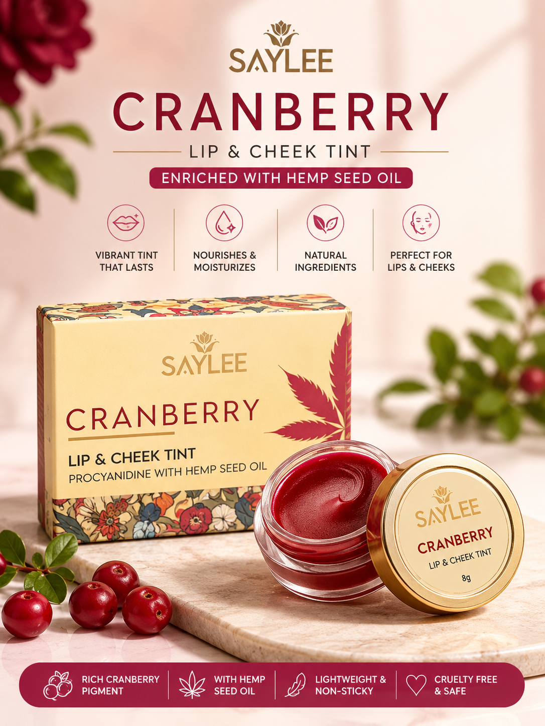 Saylee HempGlow Lip Cheek Tint Cranberry