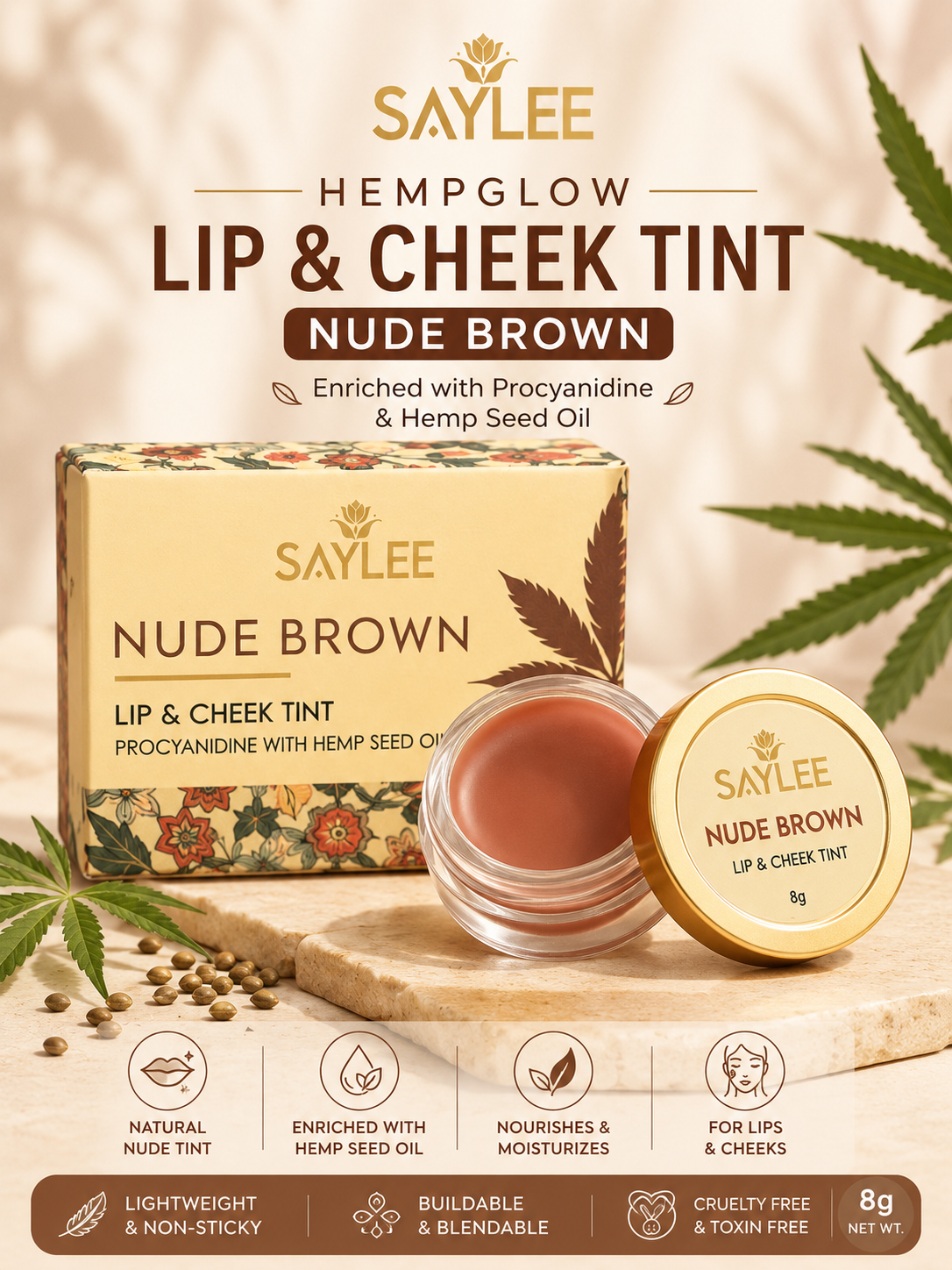 Saylee HempGlow Lip Cheek Tint Nude Brown