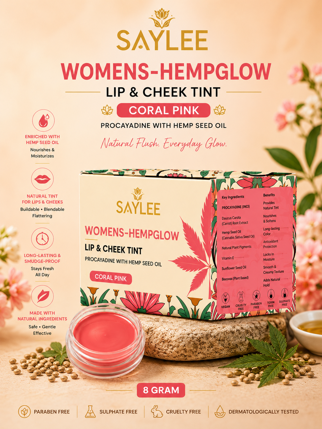 Saylee Womens HempGlow Lip Cheek Tint Coral Pink